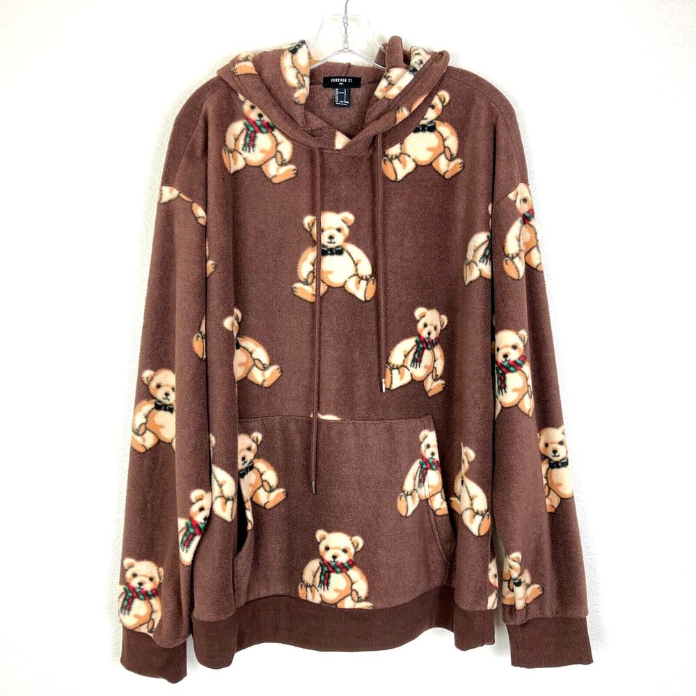 Forever 21 Women's Fleece Teddy Bear Hoodie Size L Brown Oversized Soft Cozy